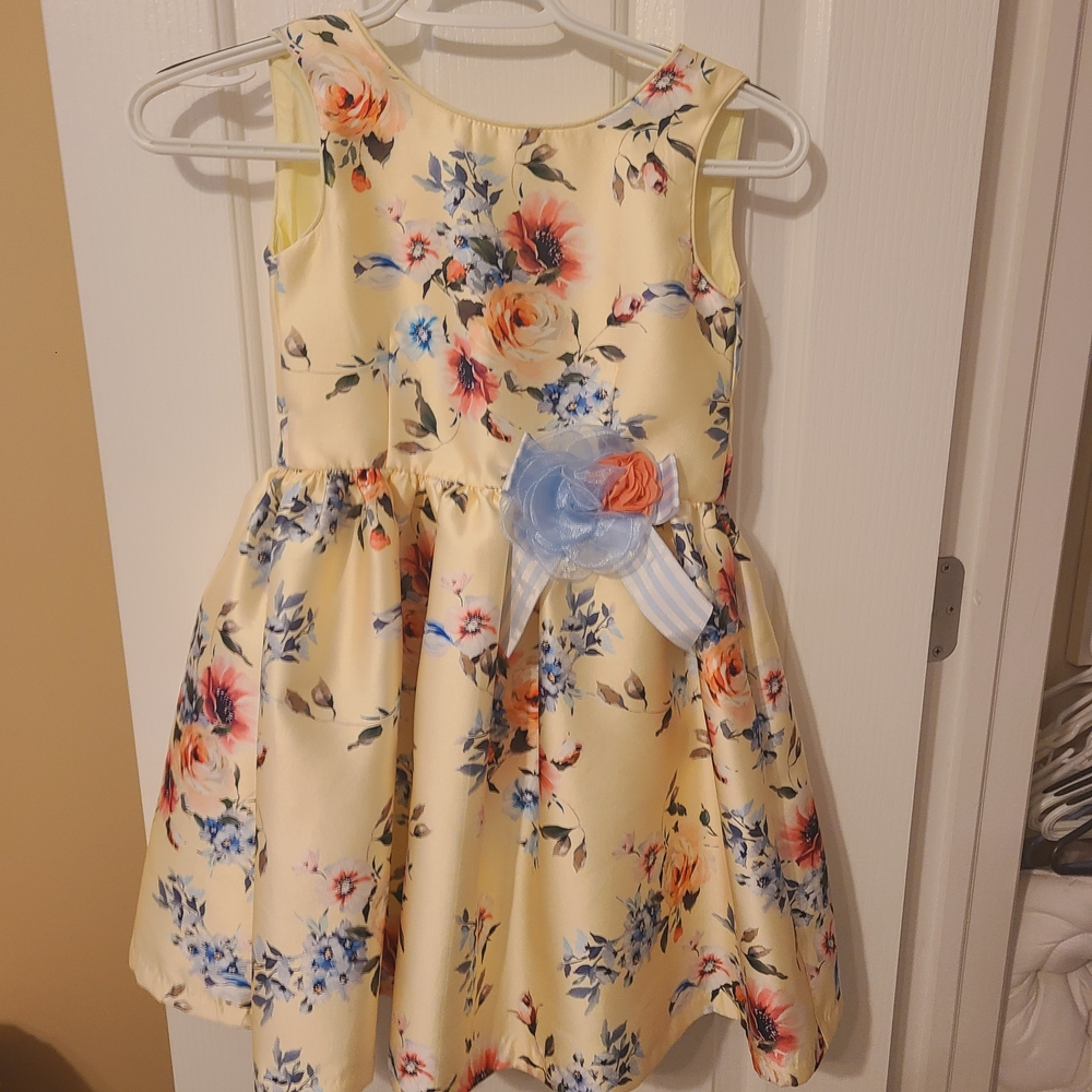 Pastourelle Yellow Floral Dress with Blue and Pink Accents